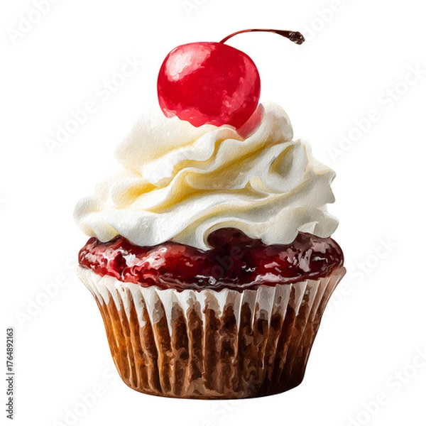 Obraz Cherry topped cupcake on black isolated on white background