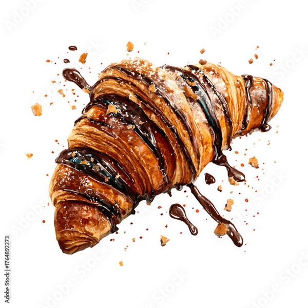 Obraz Chocolate glazed croissant with crumbs isolated on white background