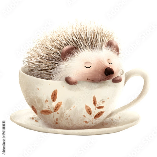 Obraz Hedgehog in teacup isolated on white background