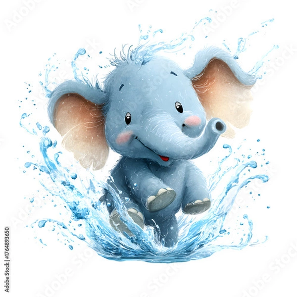 Obraz Playful baby elephant splashing in water isolated on white background