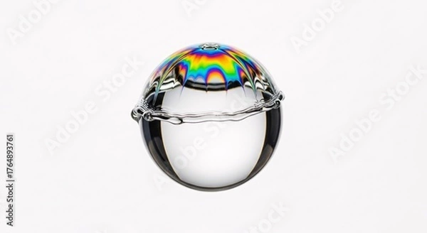 Obraz Water droplet with pearl iridescent coating - Transparent sphere showing surface tension physics - Rainbow oil effect macro photography on white background