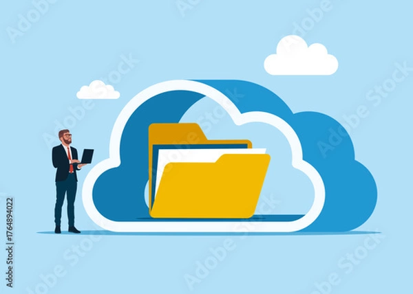 Obraz Folder with documents in the cloud  storage. Server room in the shape of a cloud. Network, data, security, digital interface, connection, processing and communication. Vector flat illustration
