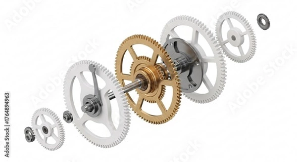 Obraz Bronze escapement gear in white clockwork assembly - Mechanical engineering exploded view - Precision gear mechanism illustration on clean background