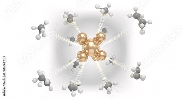 Obraz Gold catalyst molecule in chemical reaction - Champagne metallic molecular structure facilitating transformation - Chemistry catalysis illustration on white background