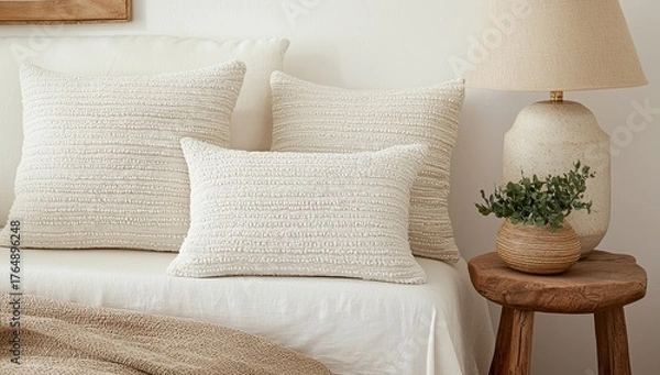 Fototapeta Cozy Textured Decorative Pillows on a Stylish Sofa in a Minimalist Room