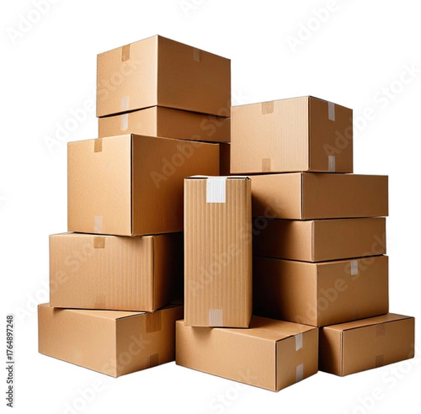 Fototapeta Stacked cardboard boxes for packing or moving isolated
