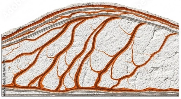 Obraz Rust orange wind erosion patterns on rock - Geological weathering cross-section with iron oxide - Environmental geology illustration on white background