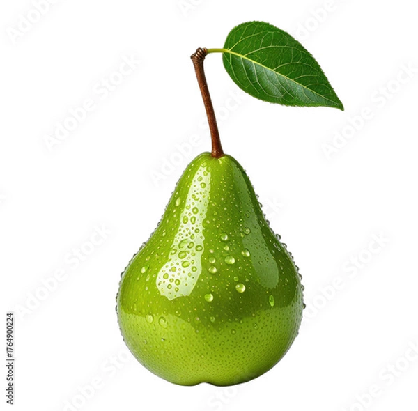 Fototapeta Close-up of a vibrant green pear with a single leaf and water droplets