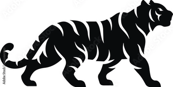 Fototapeta Black silhouette icon of stylized walking tiger with visible stripes, minimalist wild animal design for nature, logo, or illustration use