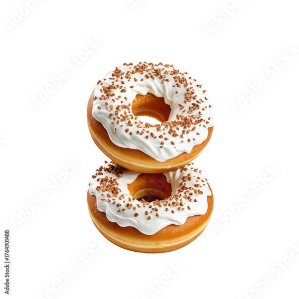 Fototapeta Stacked glazed donuts with frosting and sprinkle-like toppings against a black background
