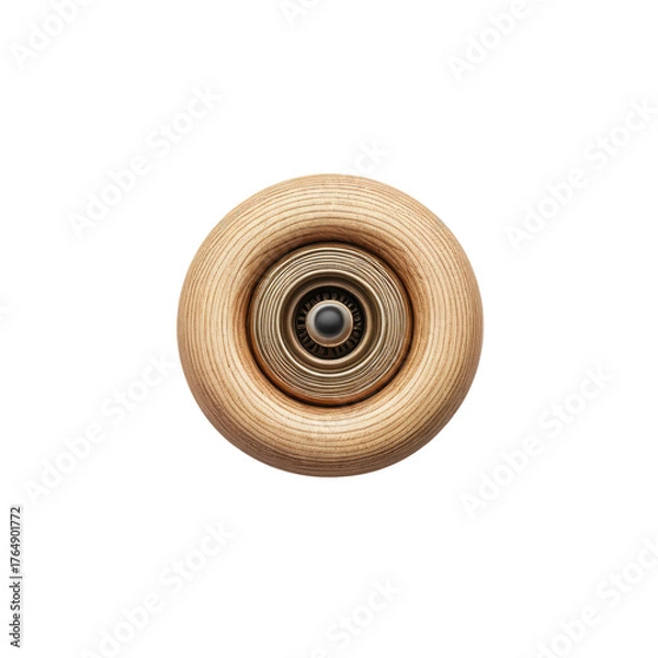 Fototapeta Close-up of a wooden wheel with metal center, set against a dark backdrop