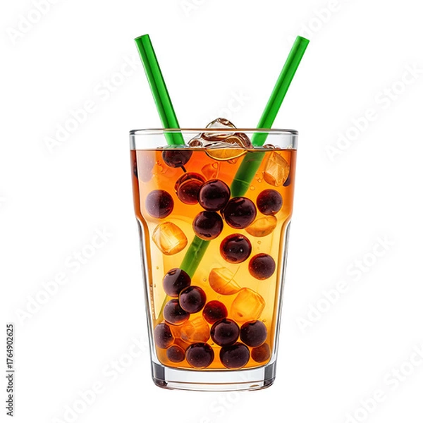 Fototapeta Refreshing drink with brown spheres, ice, and green straws, on a black backdrop