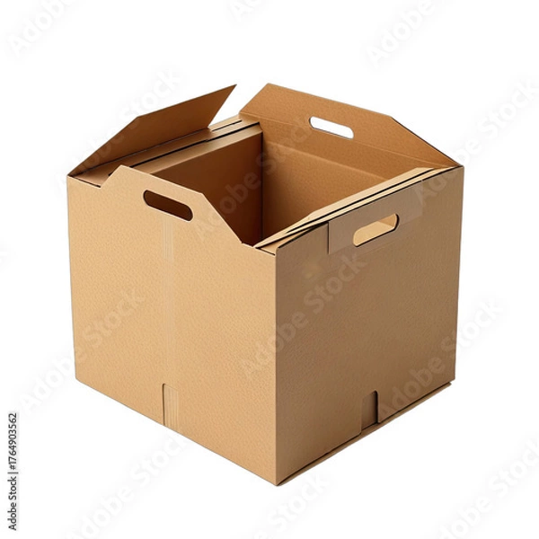 Fototapeta Brown cardboard box, open with cutout handles, dark background