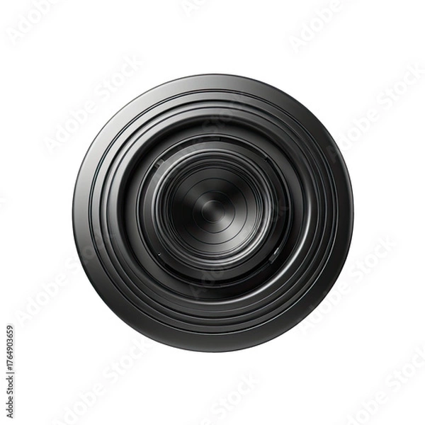 Fototapeta Metallic, layered, circular object with concentric rings on black backdrop