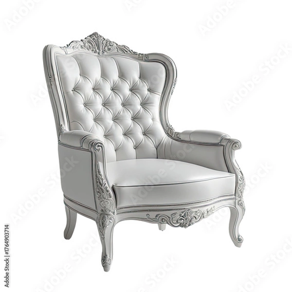 Fototapeta Ornate, button-tufted high-back armchair in white against a black backdrop