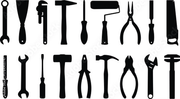 Fototapeta Black silhouette icon set of common hand tools including wrench, screwdriver, pliers, saw, mallet, and paint roller