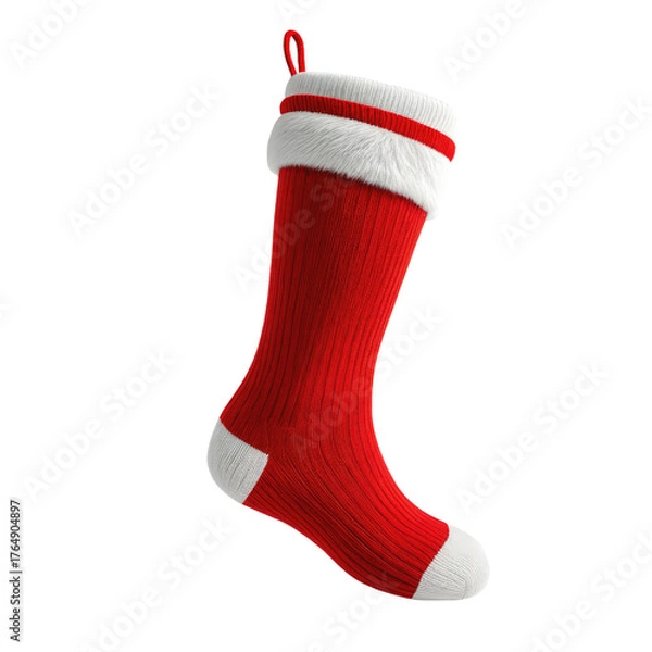 Fototapeta A red Christmas stocking with white trim, set against a transparent backdrop