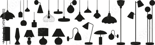 Fototapeta Black silhouette icons of various lamp types including ceiling, table, wall-mounted, and floor lamps in modern and classic styles