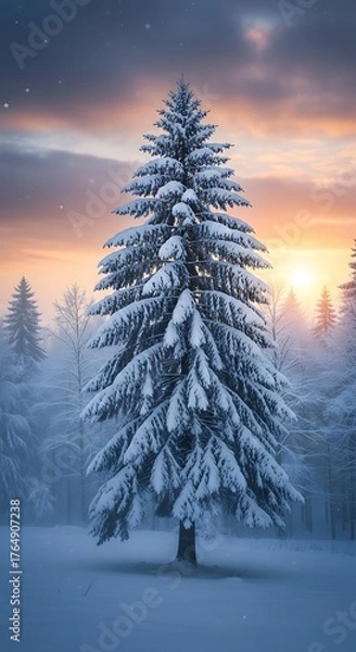 Fototapeta A majestic snow-covered evergreen tree stands tall in a winter wonderland at sunrise, bathed in soft, golden light.