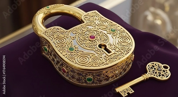 Fototapeta Ornate gold lock with intricate carvings and precious stones sits atop a deep purple surface.