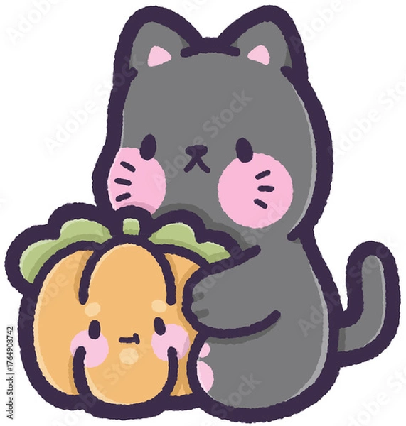 Obraz Cat sitting and holding a pumpkin