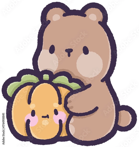 Obraz Grizzly bear sitting and holding a pumpkin