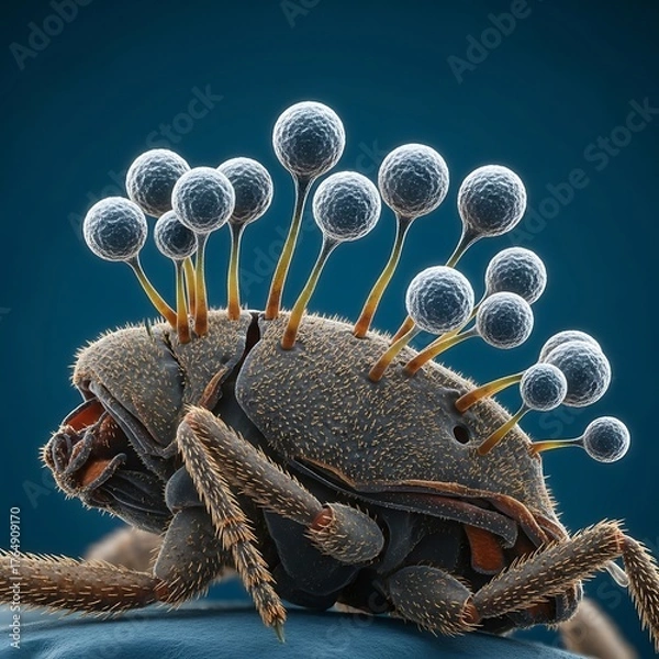 Fototapeta Detailed close-up view of an insect covered in microscopic fungi, showcasing intricate textures and vibrant colors.