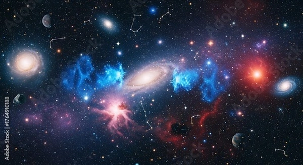 Fototapeta A breathtaking cosmic panorama showcasing vibrant galaxies, nebulae, and stars in a vast expanse of space.