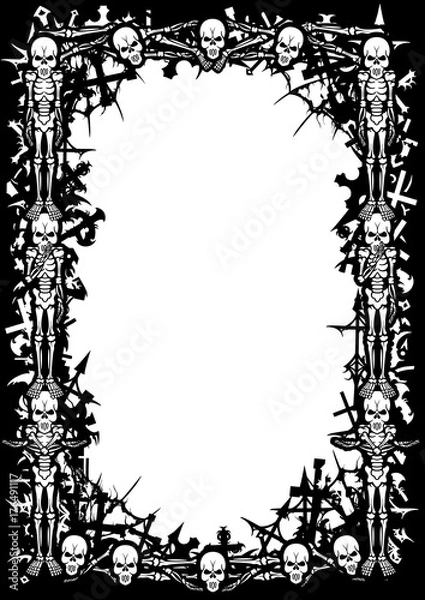 Fototapeta Deadly frame. Black&white frame with skeletons, cemetery crosses, bones, skulls, spider webs and copy space.