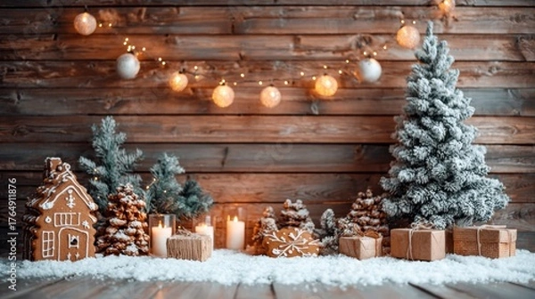 Obraz Christmas scene with gingerbread house, tree, and gifts.