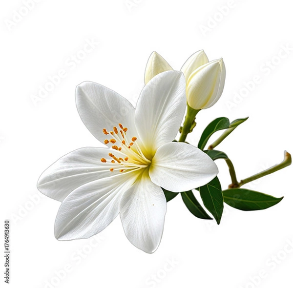 Fototapeta Close-up of delicate white flower, buds, and green leaves