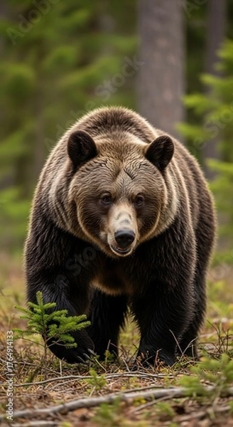 Fototapeta A magnificent brown bear strolls through a verdant forest, its imposing presence highlighted by the natural surroundings.