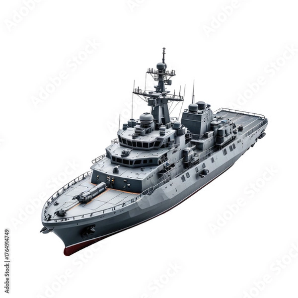 Fototapeta Modern warship, gray and blue, with complex superstructure