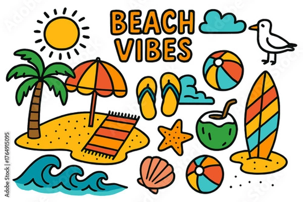 Fototapeta Beach Doodle Vibes. beach vibes. Colorful Hand-drawn doodle Children illustration beach vibes palm tree, shadow, sand, sun, seashell, starfish, surfboard,