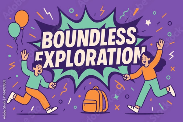 Fototapeta Boundless Exploration Banner. Boundless exploration banner, flat vector illustration, bold oversized text inside comic burst, cartoon characters running and