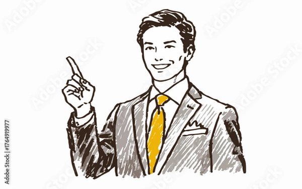 Fototapeta 밝게 웃는 정장 차림의 남성이 손가락으로 중요한 포인트를 제시하며 설명하거나 안내하는 듯한 자신감 넘치는 비즈니스 컨셉의 벡터 일러스트레이션입니다.