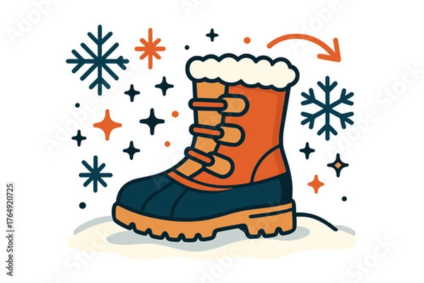 Fototapeta Stylish Snow Boots. Boot. Snow boots on snowy background with abstract floating snowflakes, icons, and sparkles; conveys winter, warmth, and outdoor fashion.