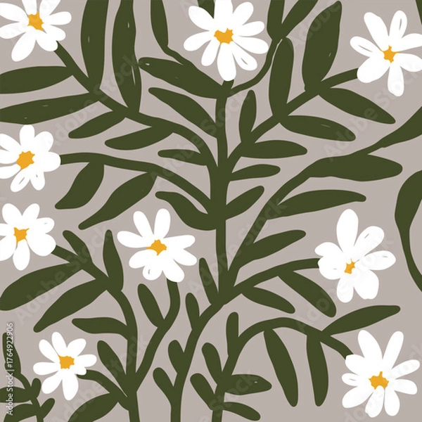Obraz Delicate white daisy flowers with green leaves on a muted grey background seamless pattern.