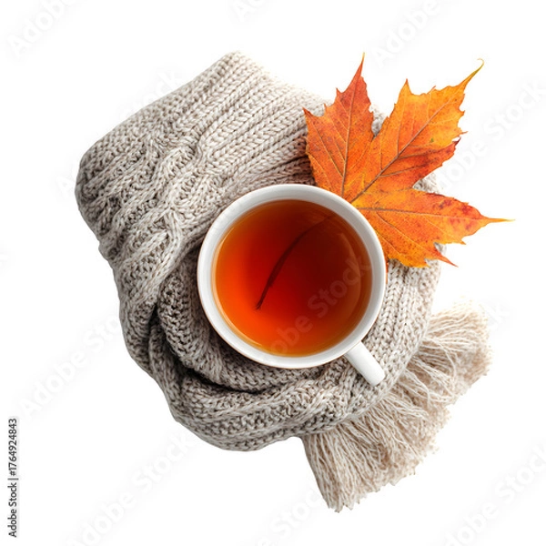 Obraz Autumn tea and cozy knit isolated on transparent background