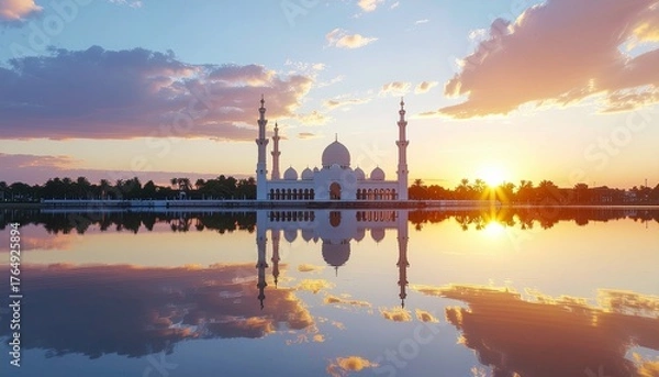 Obraz Tranquil view of mosque reflection on lake during sunset. Warm golden light, calm water surface, and beautiful sky create serene islamic background for spirituality and ramadan design.