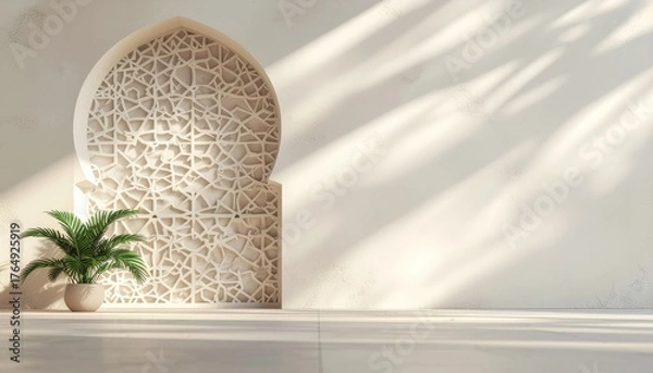 Obraz Soft sunlight casts shadows on islamic geometric wall niche with green indoor plant. Clean minimal design background with empty space for ramadan or arabic-inspired layout.