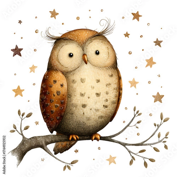 Obraz Whimsical owl perched on a branch isolated on transparent background