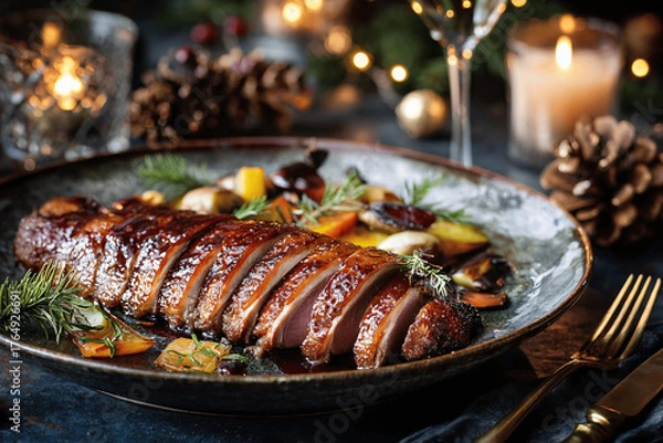 Fototapeta Elegant French duck breast with orange sauce for festive Christmas dinner