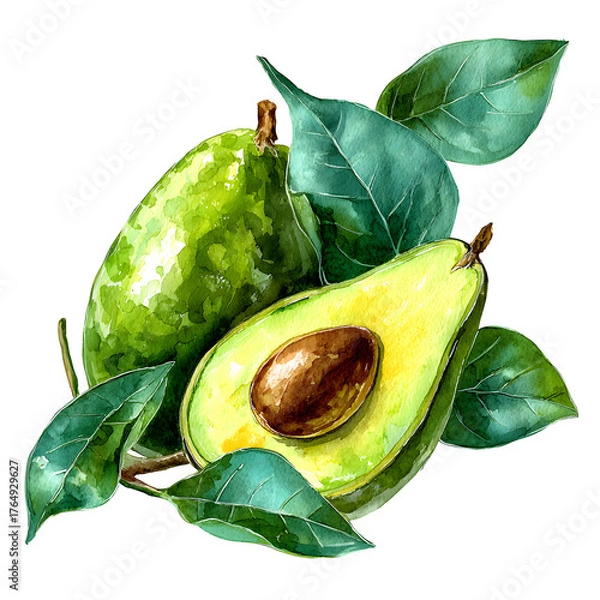 Fototapeta Watercolor avocados with leaves isolated on transparent background