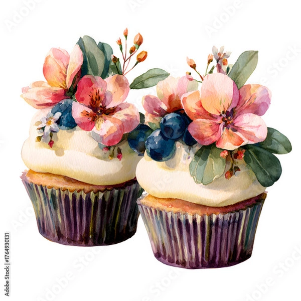 Fototapeta Floral cupcakes watercolor isolated on transparent background