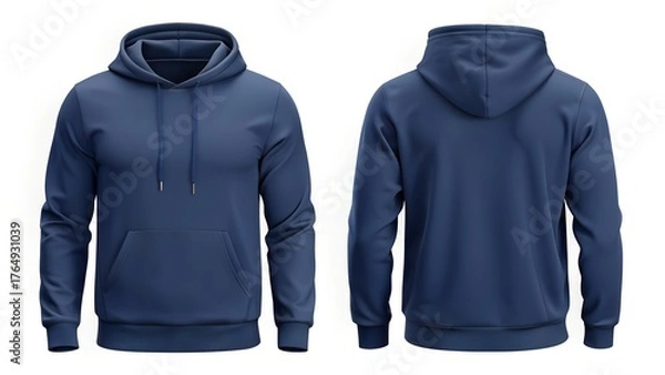 Obraz navy blue hoodie front back and side view on white background for classic unisex apparel display