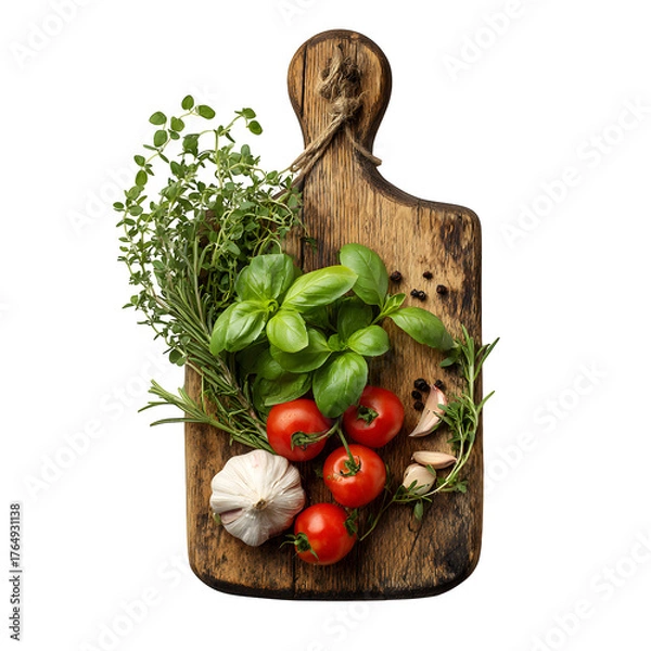 Obraz Rustic herbs and tomatoes on cutting board isolated on transparent background