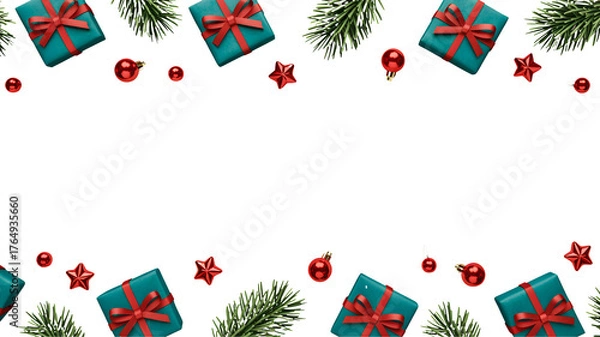 Fototapeta Festive christmas border with teal gift boxes red ornaments and green pine branches on a black background isolated on transparent background
