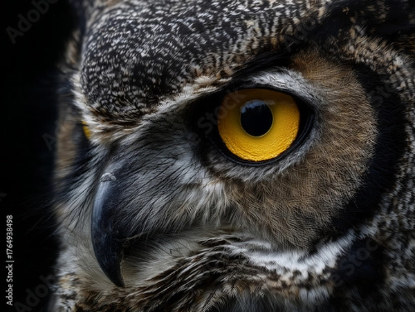 Obraz Yellow eyes of horned owl close up looking straight at camera with its head slightly tilted.