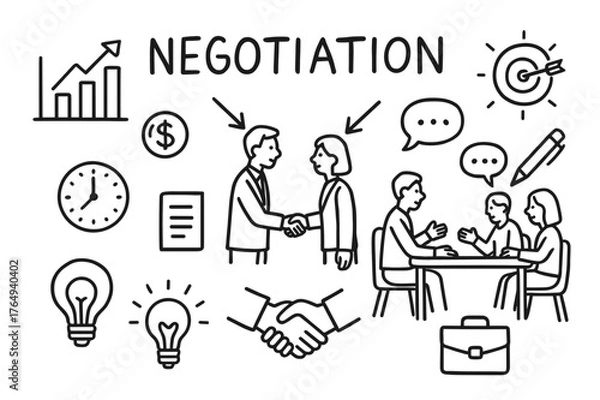 Obraz Negotiation Doodle Art. Negotiation. Hand-drawn doodle illustration negotiation people shaking hands, discussion table, arrows toward center, chart, coin,